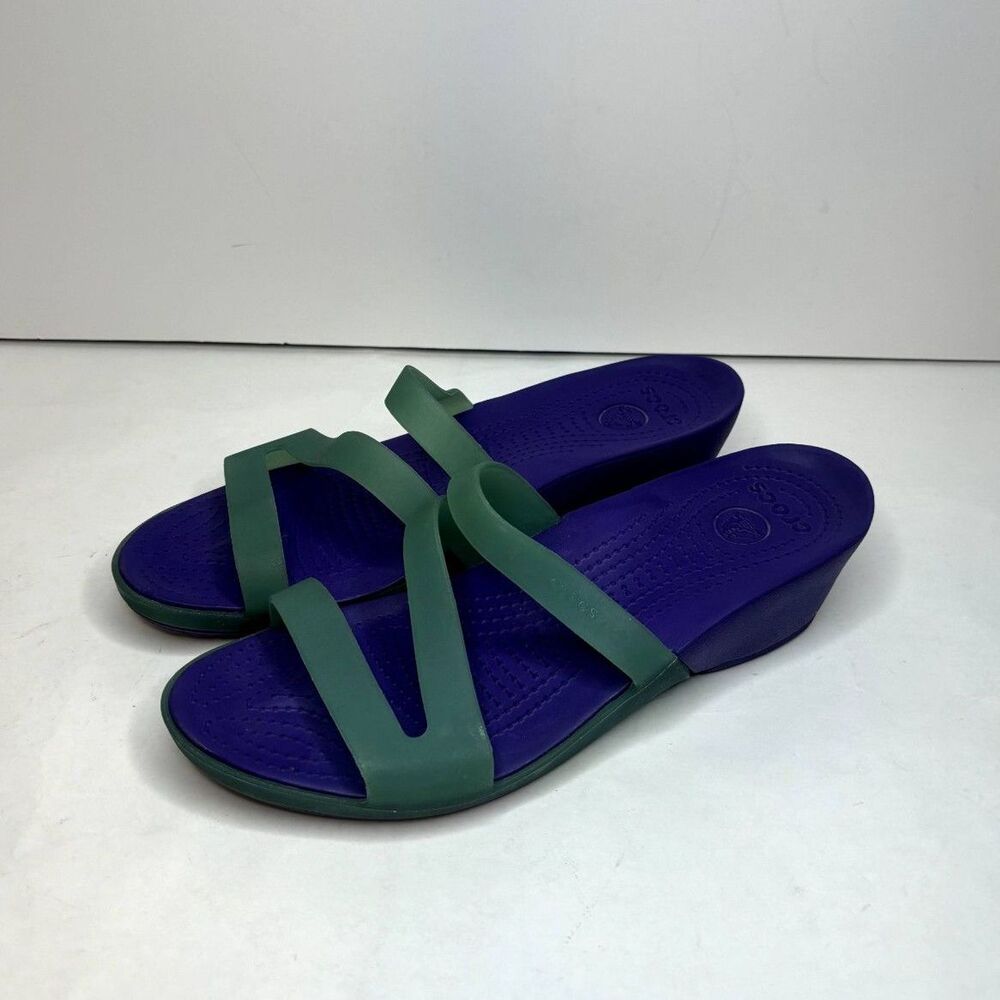 Crocs Purple Green Slip On Sandals Strappy Comfy Durable Womens